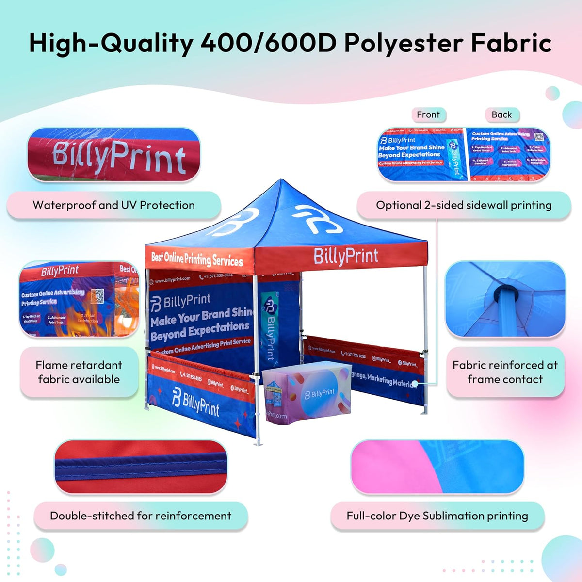 BillyPrint Custom Canopy Tent 10x10 with Logo | Pop Up Vendor Tent for Trade Shows, Events | Full-Color Printing | Optional Walls or Heavy-Duty Aluminum Frame | Waterproof Fabric | Expedited Service