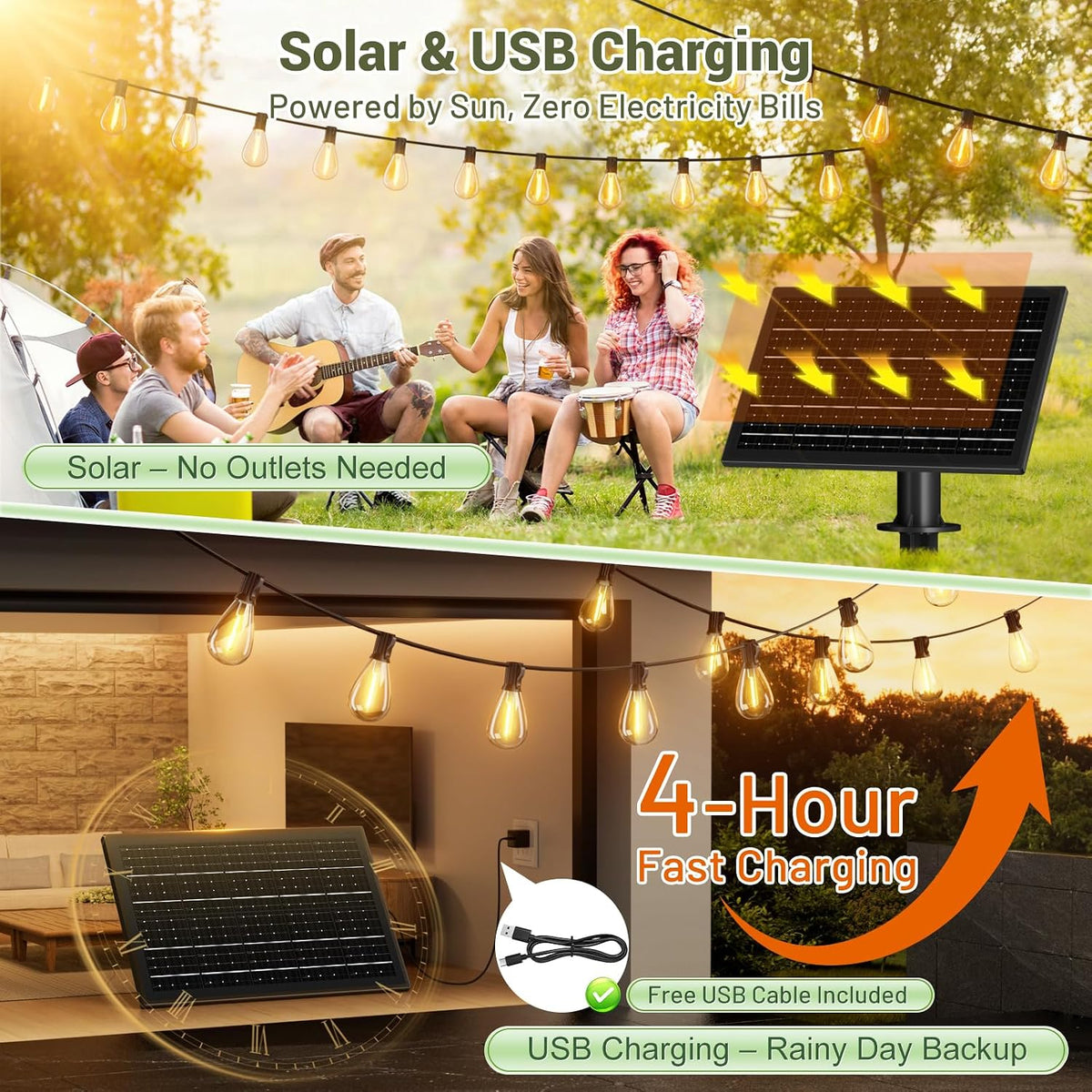 200FT Solar String Lights Outdoor Waterproof 72+2 LED Bulbs, Solar Powered with Remote & USB Port, 3 Light Modes Dimmable Patio Lights for Large Backyard, Garden, Party