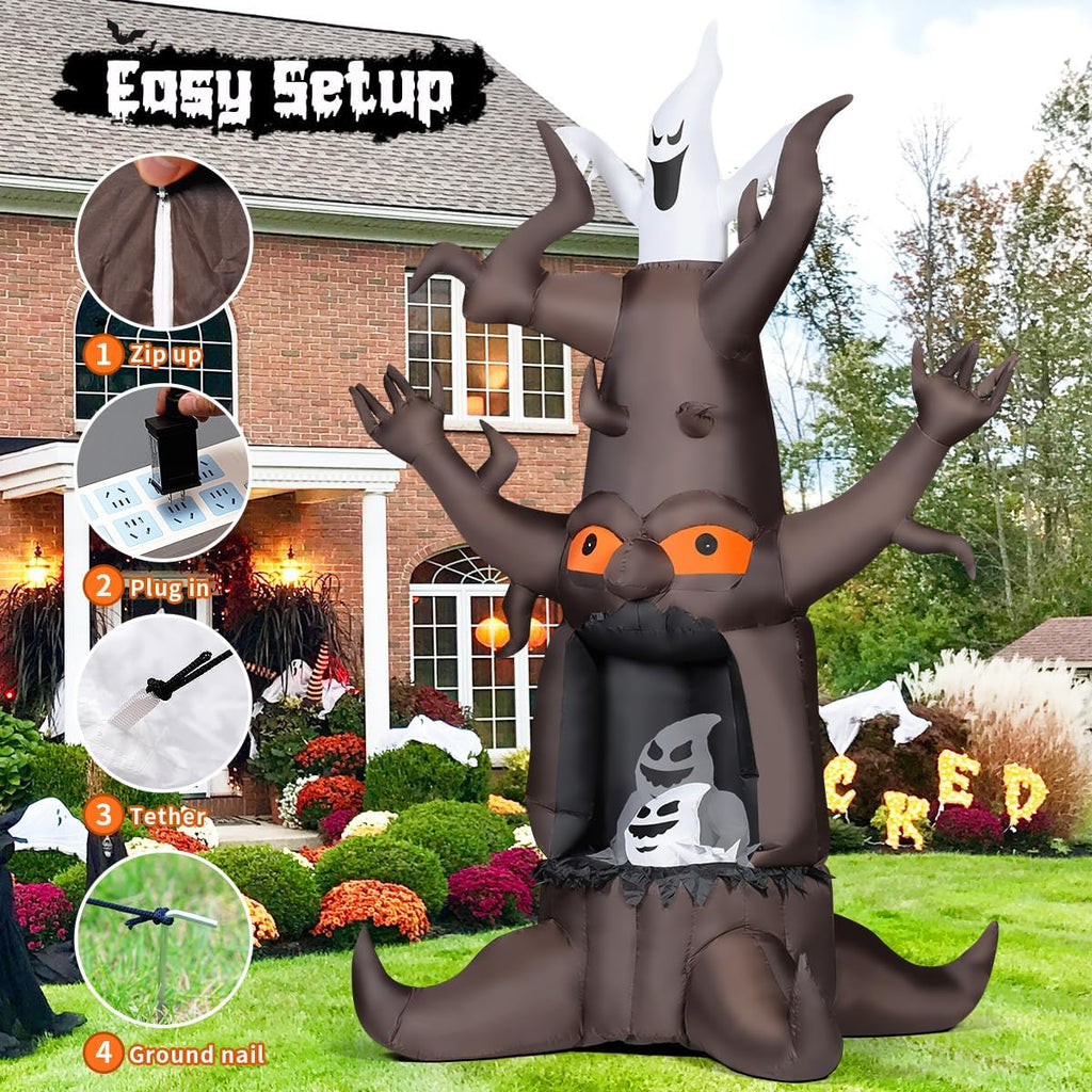 GOOSH 9 FT Halloween Inflatable Animated Dead Tree Outdoor Decorations Blow Up Yard Scary Tree And White Ghost With Built-In LEDs For Outdoor Garden Lawn Party Decor