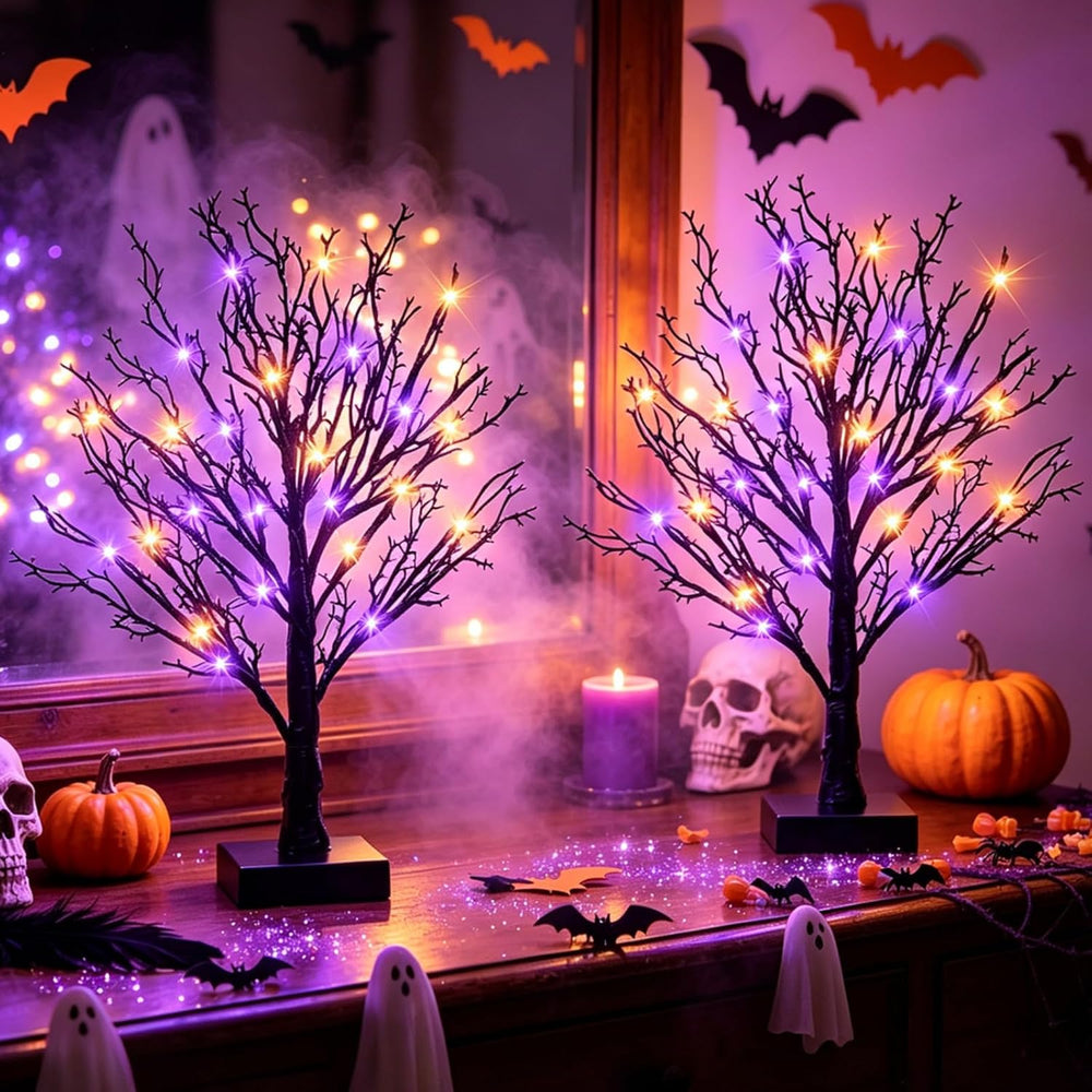 Halloween Decor Indoor, 2 Pack 24 Inch Black Halloween Tree Set, 48 Orange &a...