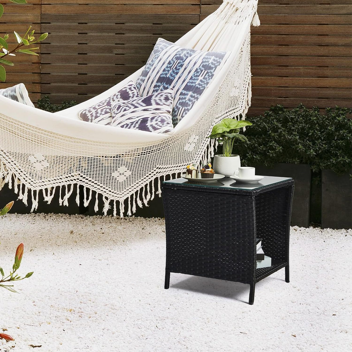 VINGLI Outdoor Wicker Side Table Patio Side Tables for Outside, Tempered Glass Top Wicker Table with Storage End Table for Balcony Porch Deck (Black)
