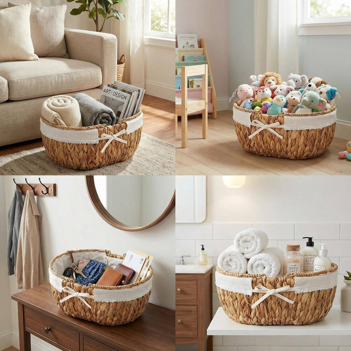 Large Picnic Basket, Woven Water Hyacinth with Handles for Camping