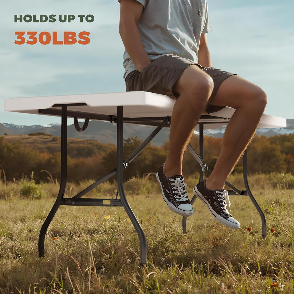 2-Pack 6 Feet Foldable Table, Heavy Duty Steel Legs with Built-in Handle, Easy Fold & Store, Portable Folding Table for Parties, Weddings, Camping