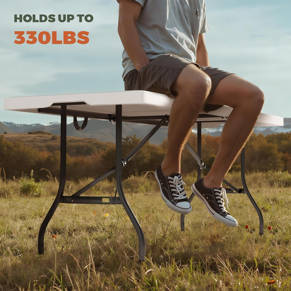 2-Pack 6 Feet Foldable Table, Heavy Duty Steel Legs with Built-in Handle, Easy Fold & Store, Portable Folding Table for Parties, Weddings, Camping