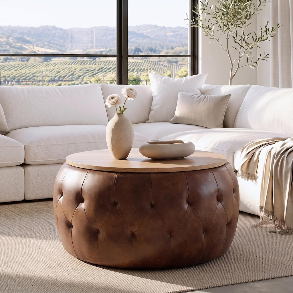 Round Ottoman with Storage, 25 Inches Wooden Top Coffee Table for Living Room, Modern Upholstered Side Table, Multifunctional Faxu Leather Surface Footstool(Brown)