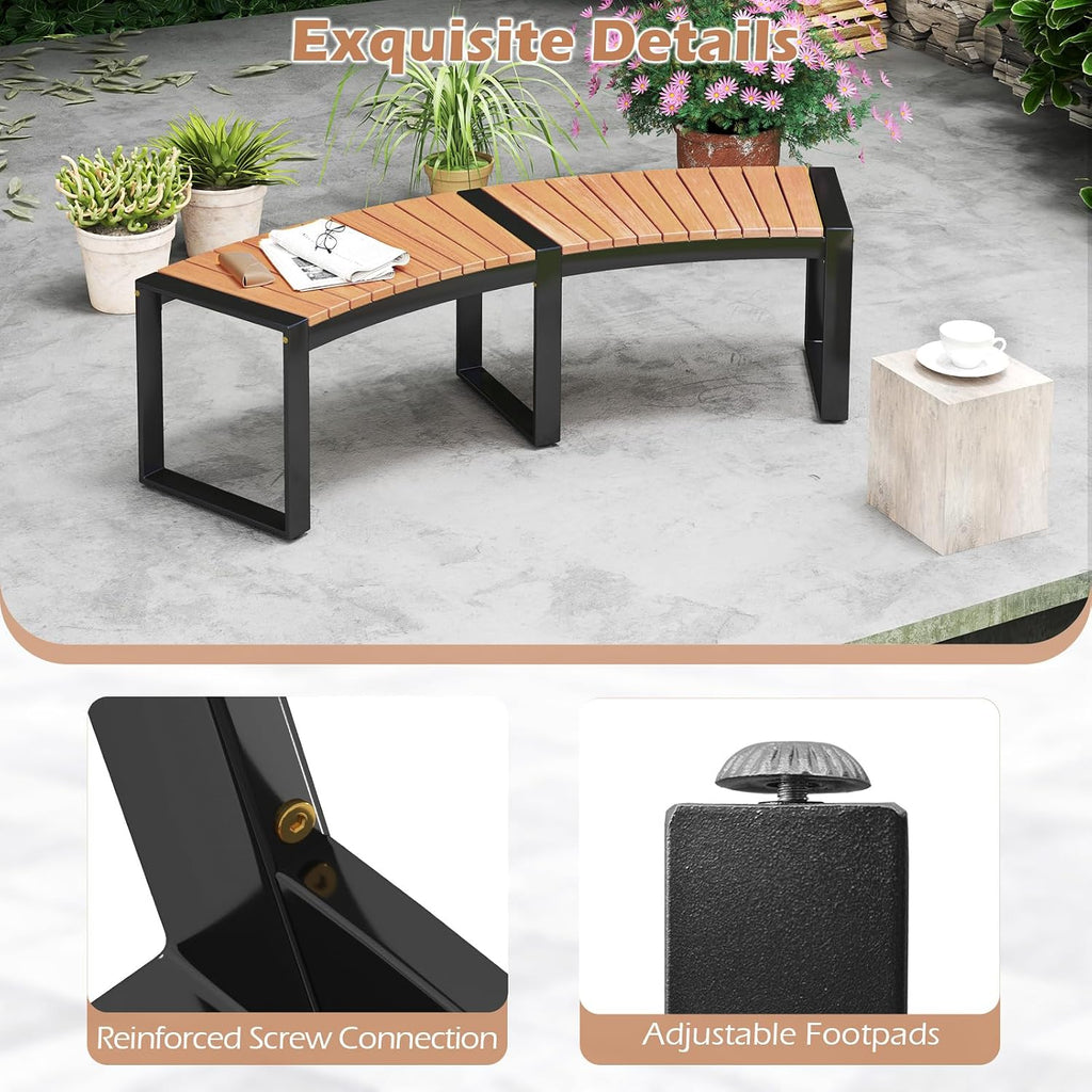 Tangkula Patio Curved Bench, Acacia Wood Fire Pit Bench w/Slatted Seat & Metal Legs, Outdoor Backless 2-Person Seating for Yard, Garden, Porch, 800 LBS Max Load, Oil Painted