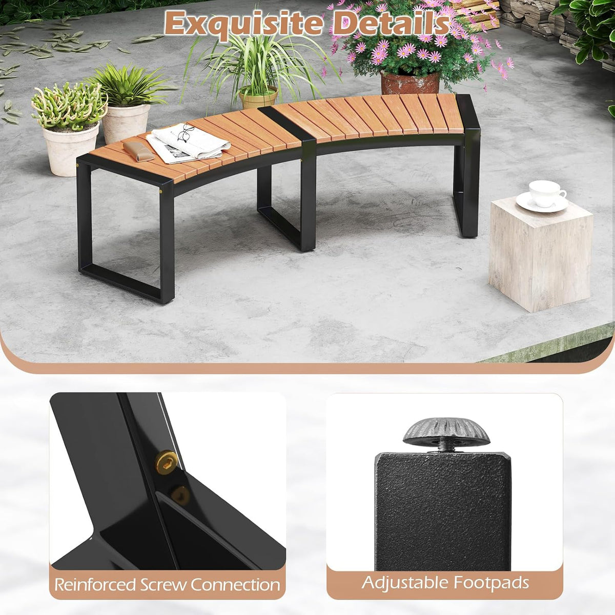 Tangkula Patio Curved Bench, Acacia Wood Fire Pit Bench w/Slatted Seat & Metal Legs, Outdoor Backless 2-Person Seating for Yard, Garden, Porch, 800 LBS Max Load, Oil Painted