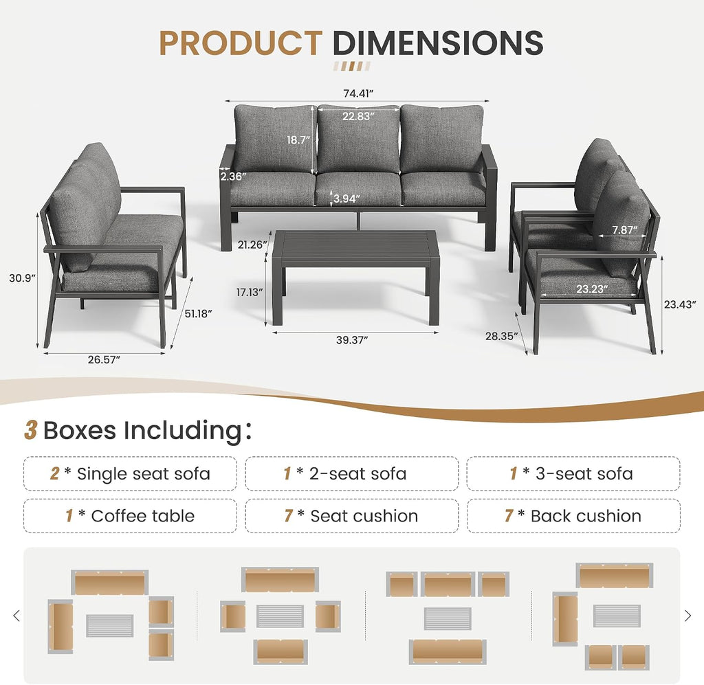 5 Pieces Aluminum Patio Conversation Set Metal Deck Outdoor Furniture 7-Seat All-Weather Rust-Proof Sectional Sofa Set with Removable Cushion for Balcony, Yard, Poolside & Small Spaces