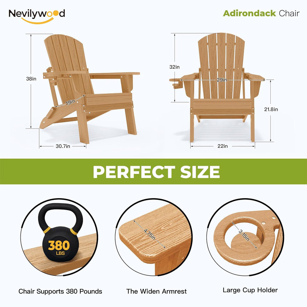 nevilywood Folding Adirondack Chairs Set of 4, HDPE Cup Holders, Teak