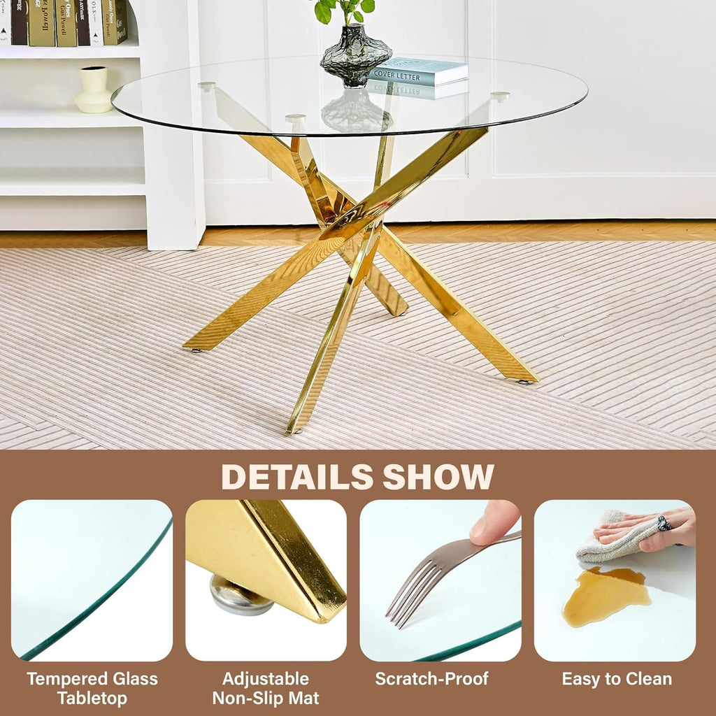 36" Round Dining Table Set for 2, Small Round Kitchen Table with 2 Boucle Dinner Chairs, Modern Circle 3 Piece Glass Dining Table with Metal Legs(Black&Gold)