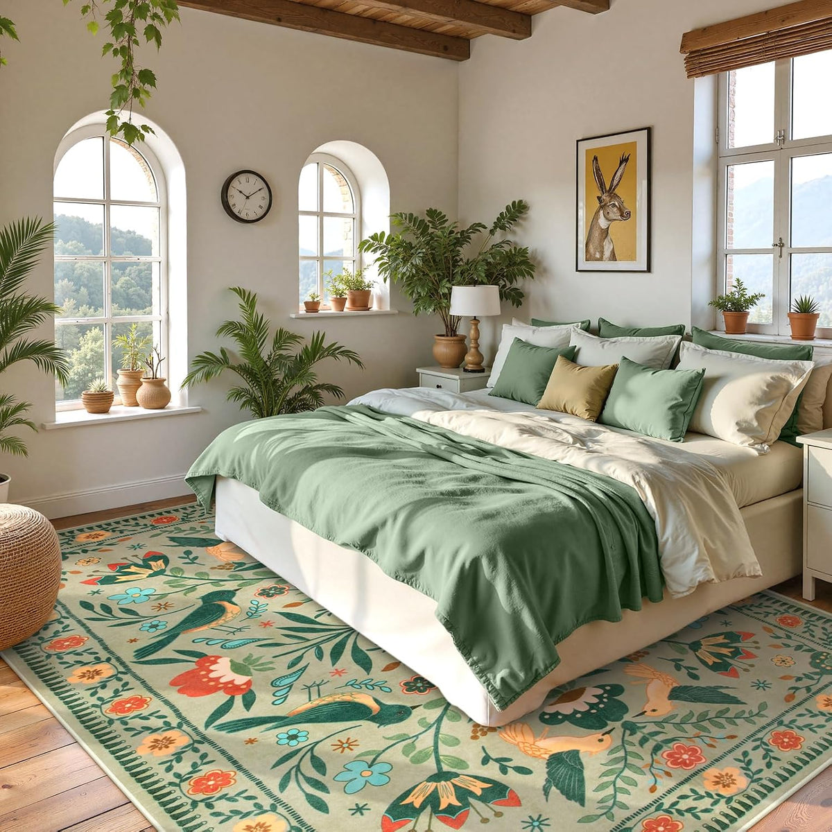 Moynesa Green Washable 8x10 Area Rugs for Living Room Bedroom Dining Room, Modern Farmhouse Country Floral Bird Print Pattern Medallion Carpet, Aesthetic Home Decorations Open Floor Areas Protection