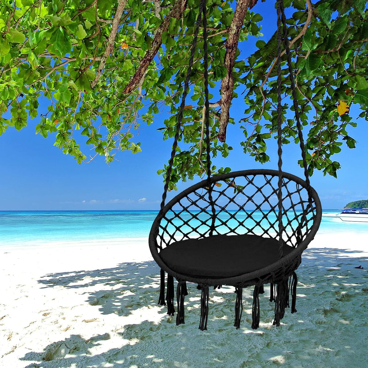 Giantex Hammock Chair Macrame Swing with Cushion & Hardware Kit, Black