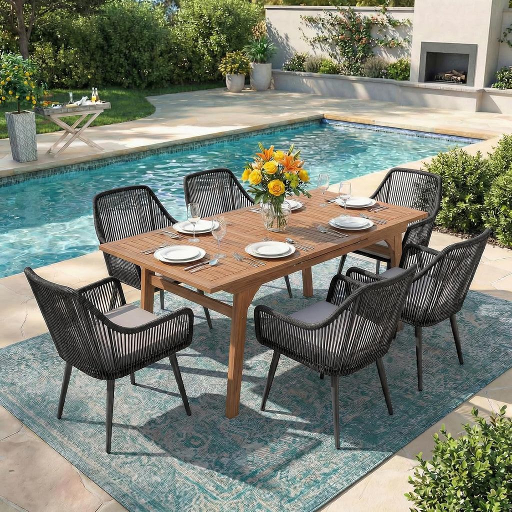 Patiorama 7 Piece Outdoor Dining Set, 55"-71" Wood Expandable Table, Black