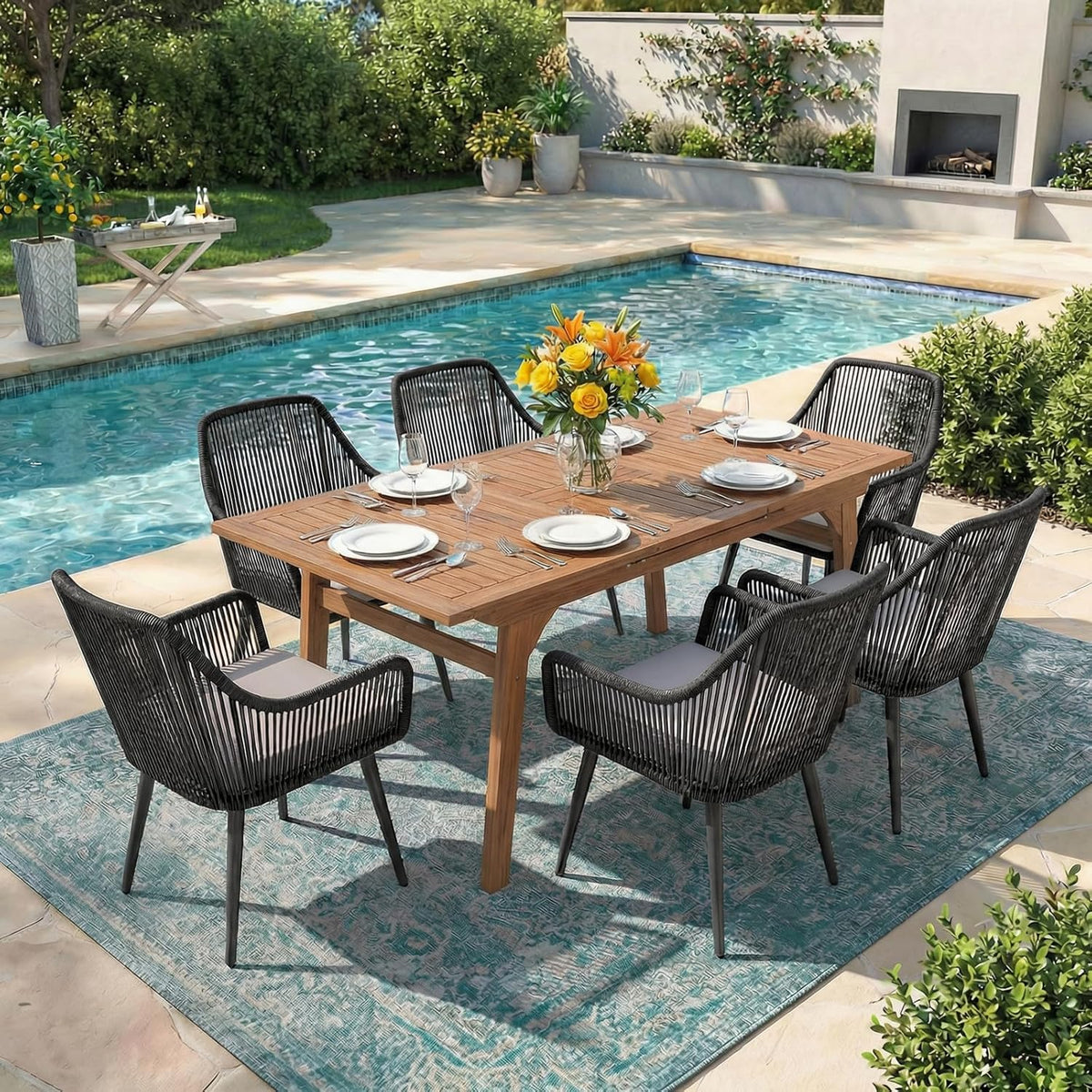 Patiorama 7 Piece Outdoor Dining Set, 55"-71" Wood Expandable Table, Black