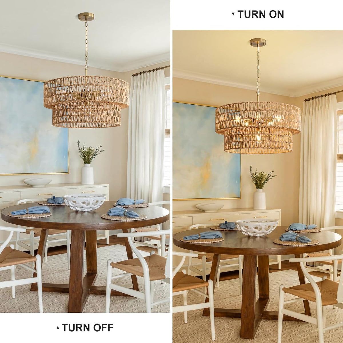 23.6" boho rattan chandelier, 6-light large rattan pendant showing dimensions
