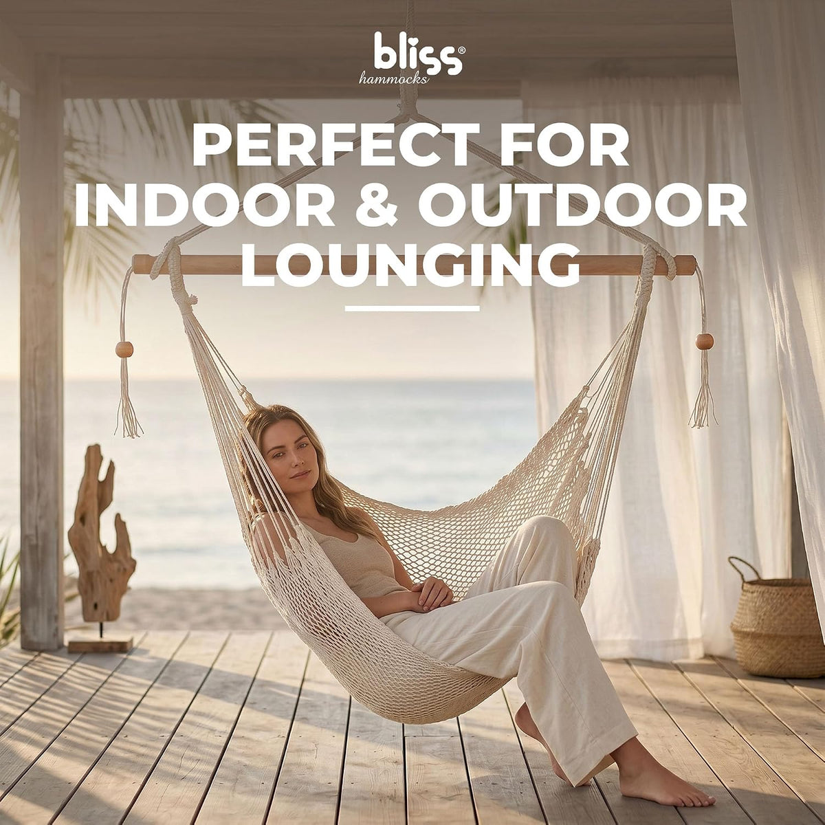 Bliss Hammocks Tahiti Rope Hammock Chair with Spreader Bar, Natural, 265 Lb