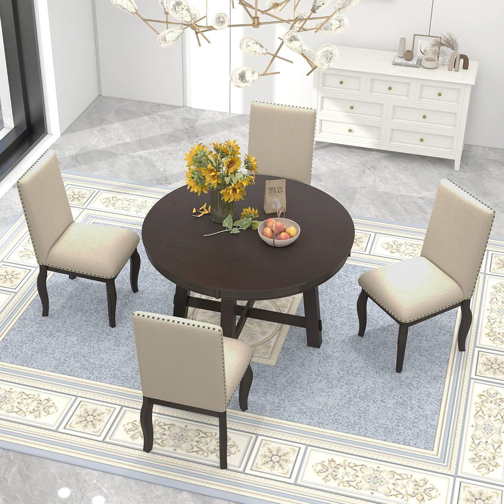 Harper & Bright Designs Round Kitchen Dining Table Set for 4, 5 Piece Farmhouse Wood Round Extendable Dining Table & 4 Upholstered Dining Chairs, Espresso (ST000074AAP-MZJ)