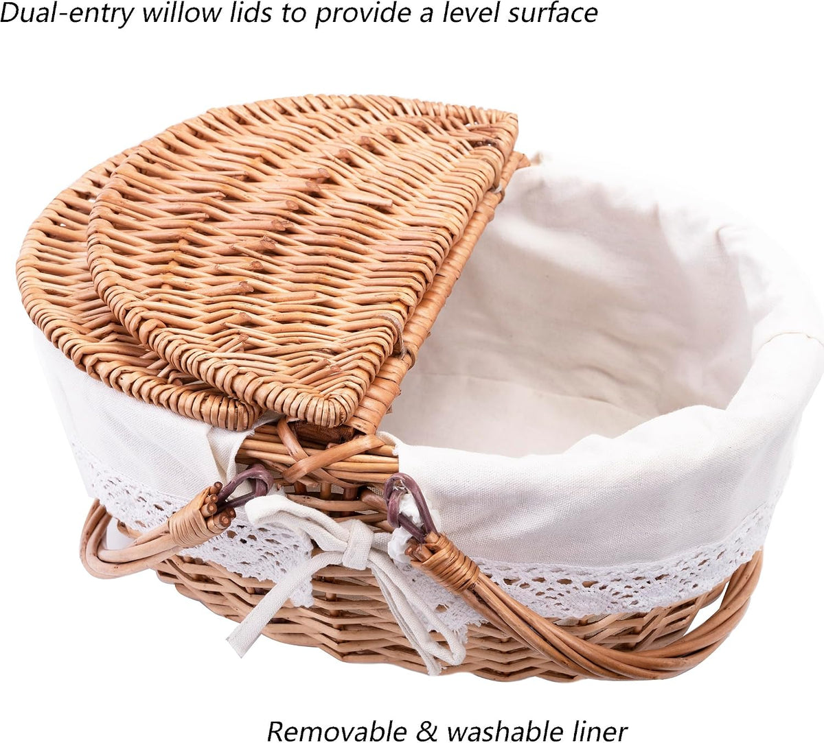 Wicker Picnic Basket with Removable Liner Empty Picnic Baskets with Lid, Picnic Hamper with Foldable Handles for Picnic 2, Natural Color, Large