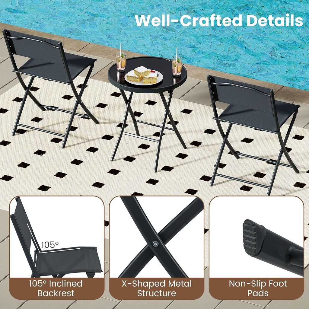 Tangkula 3 Piece Folding Bistro Set, Metal Frame Round Table & Chairs