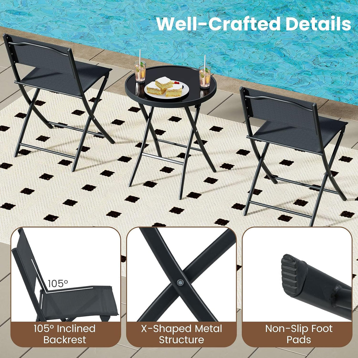 Tangkula 3 Piece Folding Bistro Set, Metal Frame Round Table & Chairs