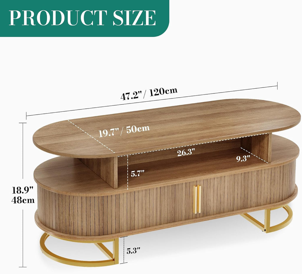 YITAHOME 47.2" Oval Coffee Table with Sliding Doors, Storage, Natural Oak