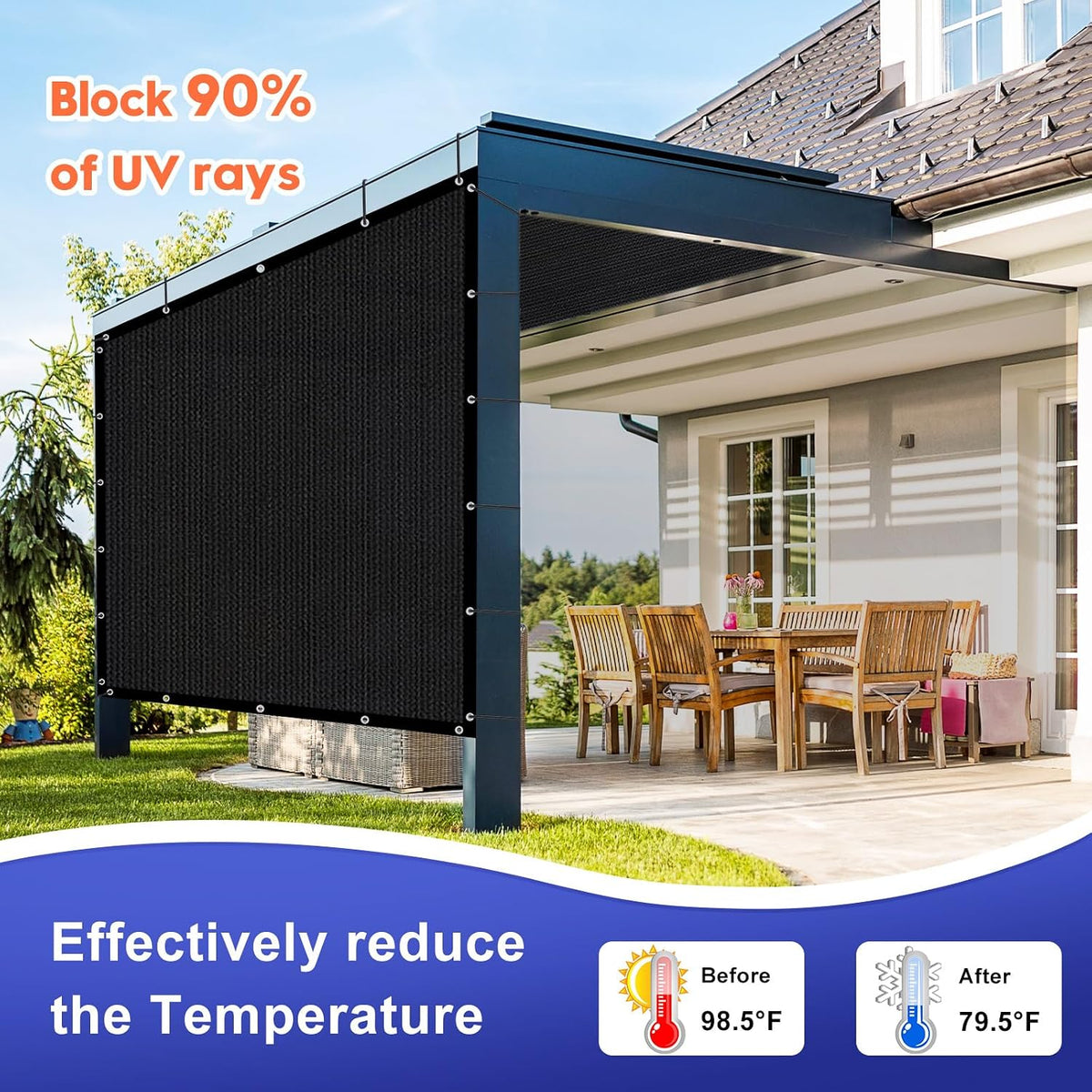 10' X 10' 90% Sun Shade Cloth Outdoor Patio Black Pergola Shades Cover Privacy Screen UV Block Porch Screens Canopy for Patio Outside Outdoor