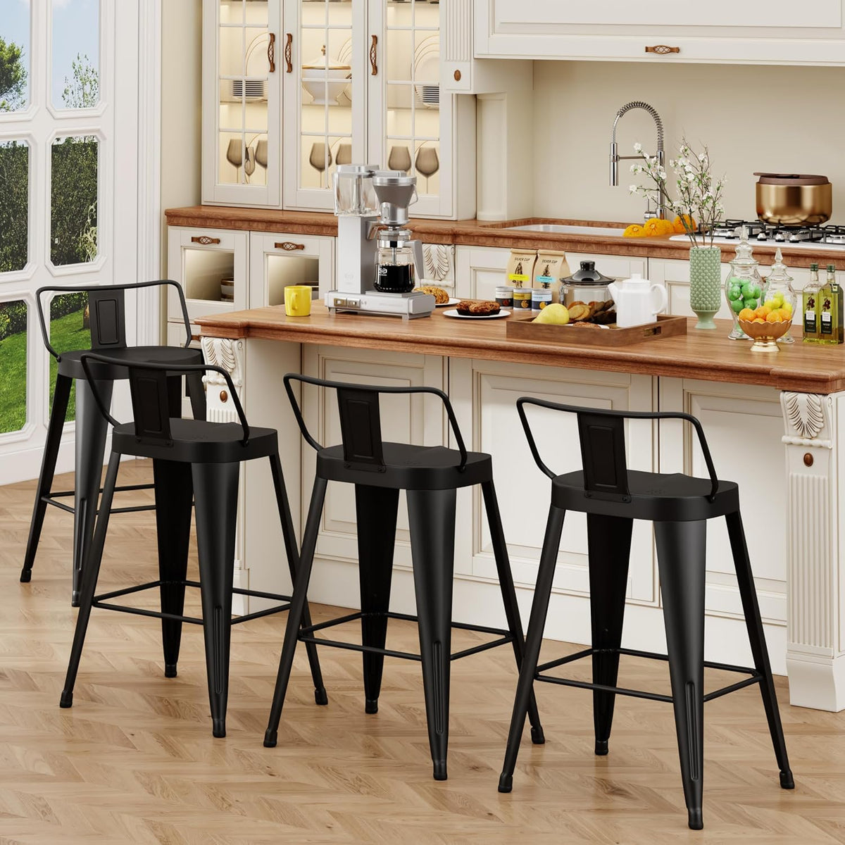 ALISH 24 Inch Bar Stools Set of 4, Industrial Metal Barstools Farmhouse Bar Chairs with Large Seat for Kitchen Island (24 Inch, Black)