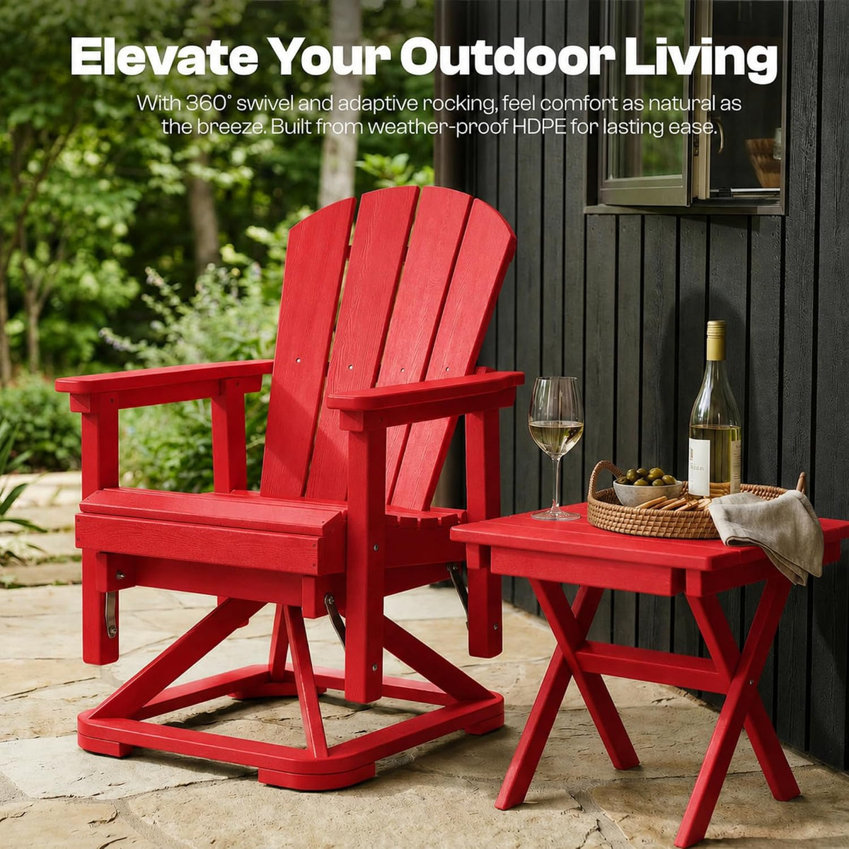 4-Piece Adirondack Swivel Glider Chair Set, Composite HDPE Outdoor Furniture for Backyard Conversation Set, Heavy Duty All-Weather Gliding Rocker for Patio, Red