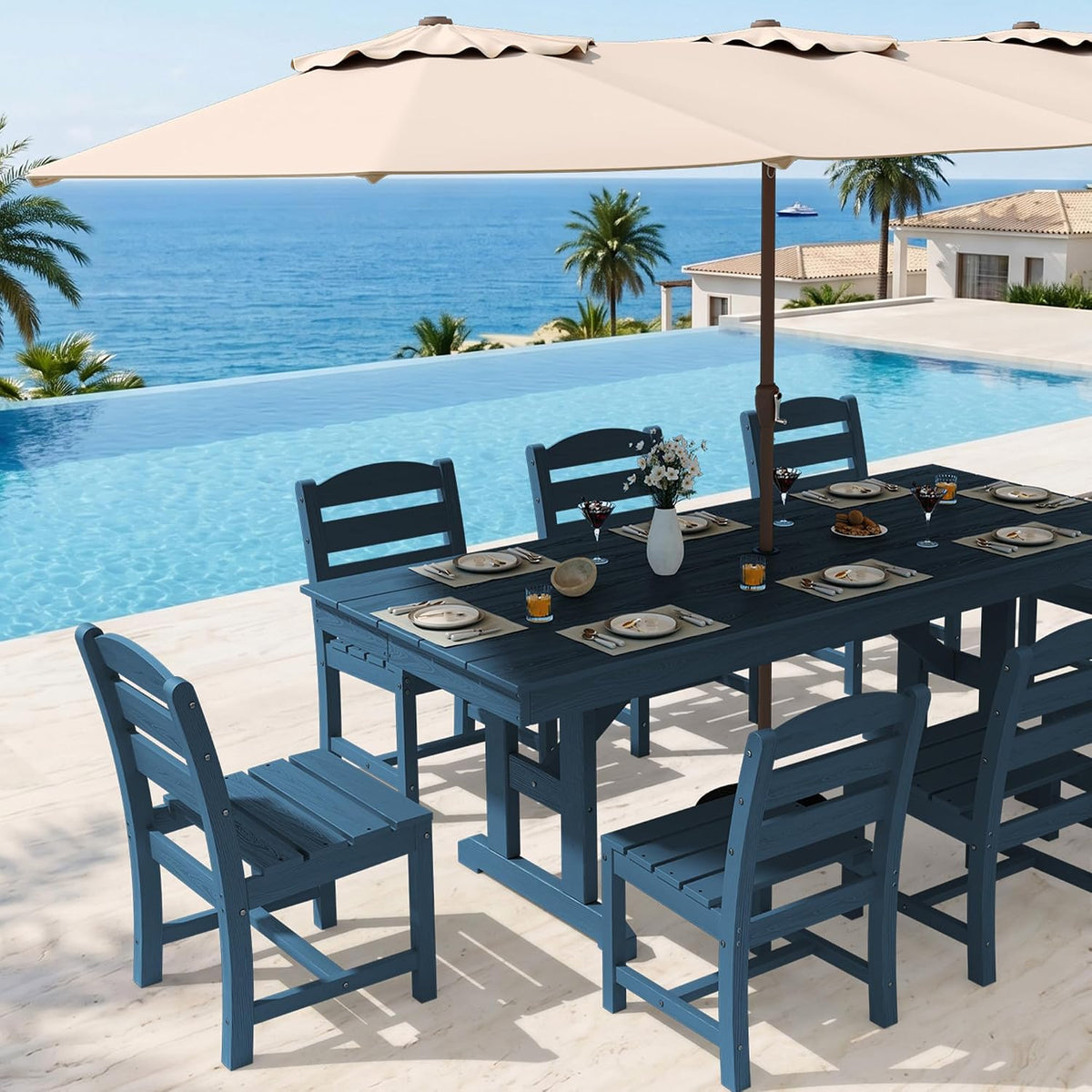 KINGYES Outdoor Dining Set,84'' Table w/Umbrella Hole & Armless Chairs,Blue
