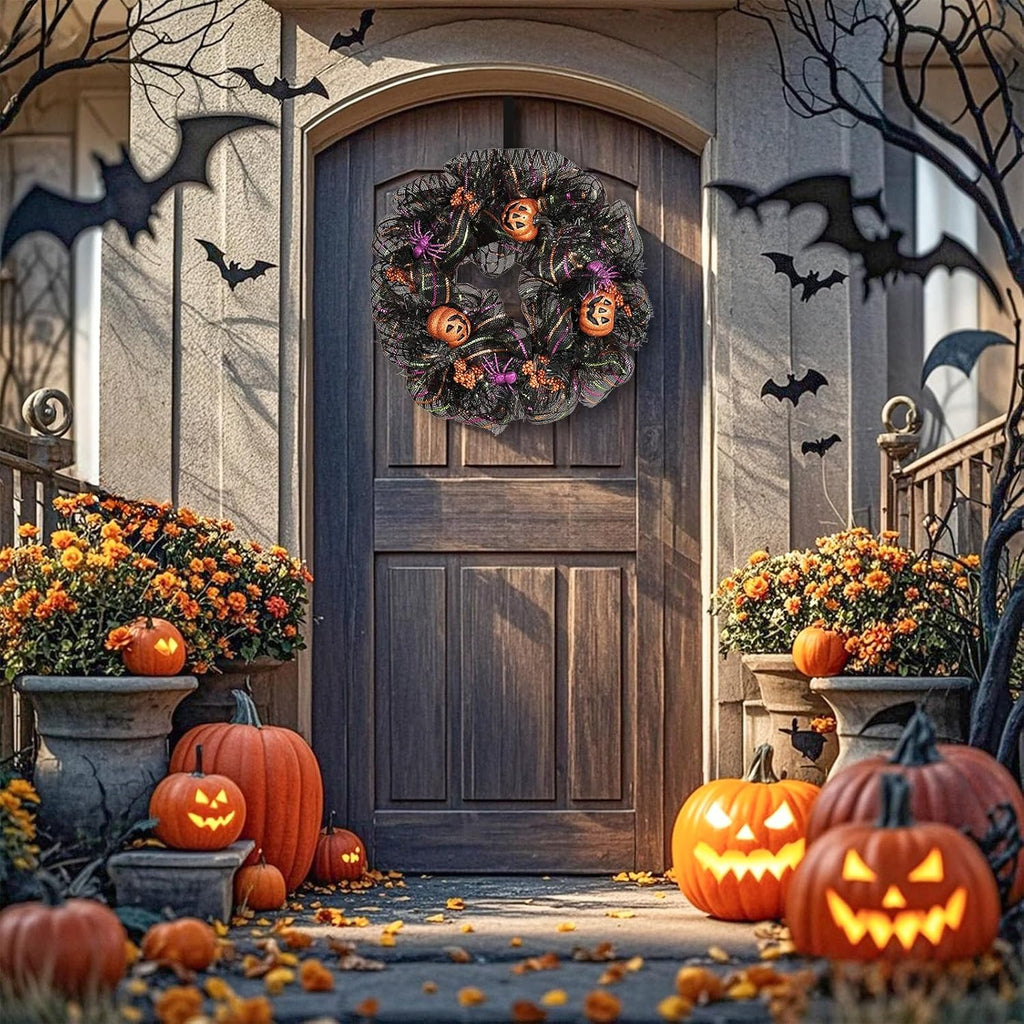 24 inch Wreath, Halloween Wreath for Front Door, Halloween Spider Decor Pumpkin Skull Wreaths, Wall, Window, Garden and Offices Decor. (Black)