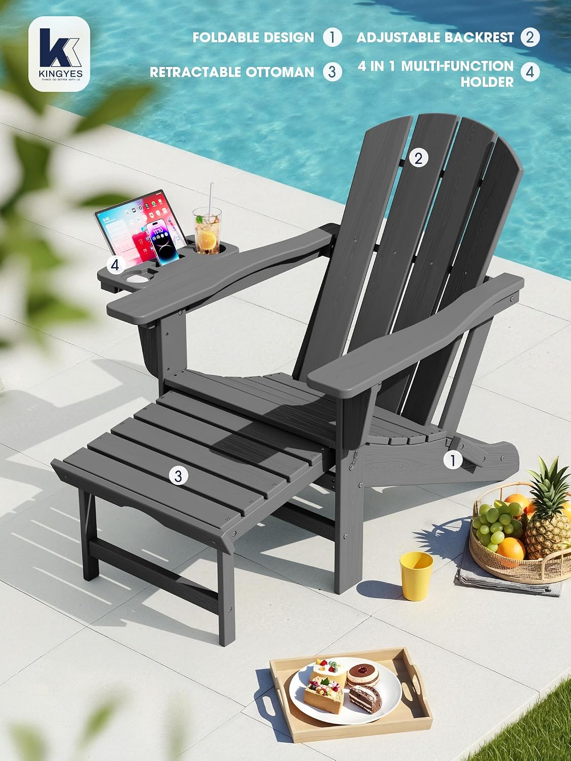 KINGYES Adjustable Folding Adirondack Chair with Footrest & 4-in-1 Multi-Functional Holder, HDPE Recliner Adirondack Chair with Pull-Out Ottoman, Gray