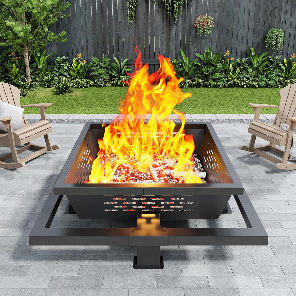 36 inch fire Pit, Square Outdoor Fire Pit with Poker, Wood Burning Fire Pit for Camping, Backyard, Patio