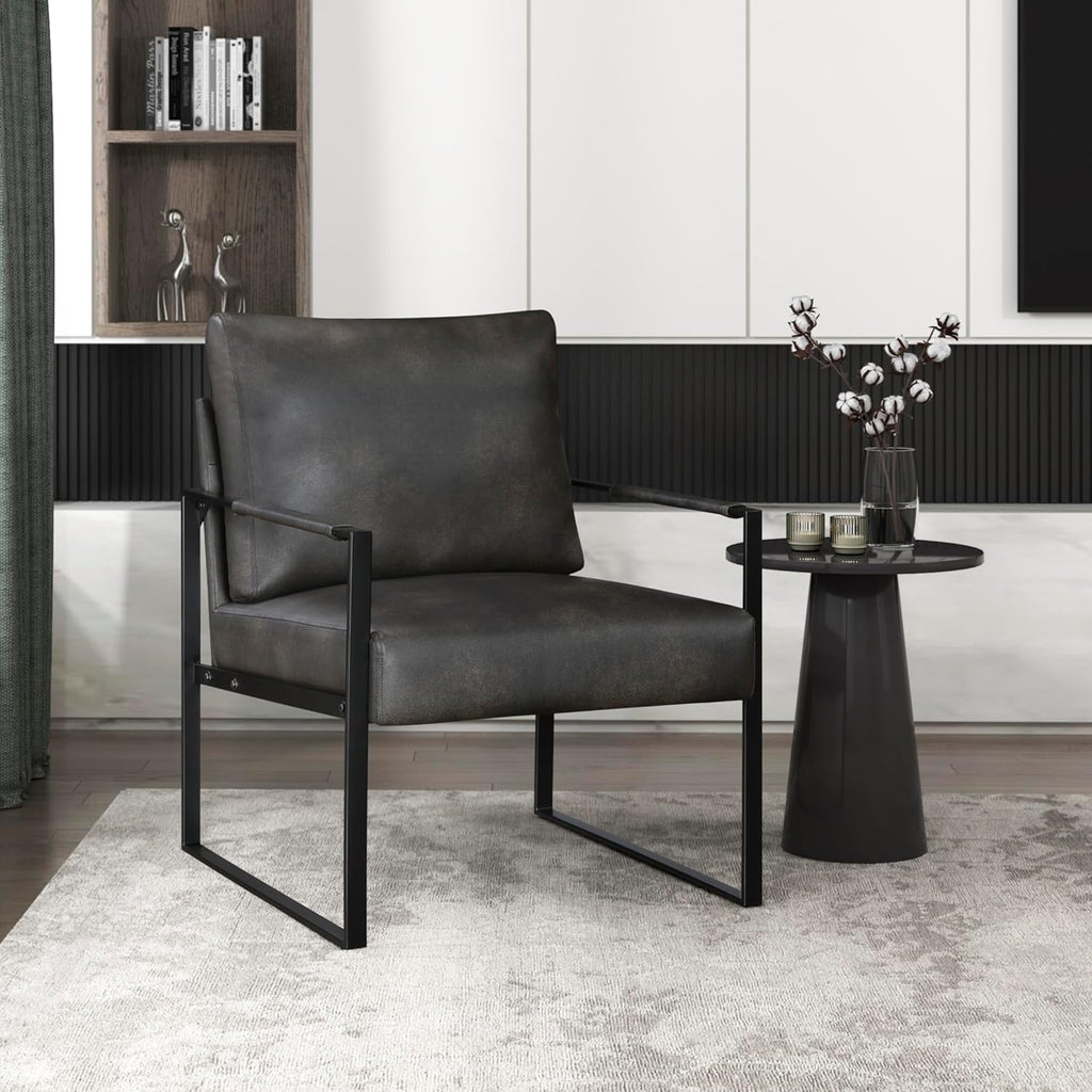 Lexicon Modern Faux Leather Accent Chair, Metal Frame, Dark Brown