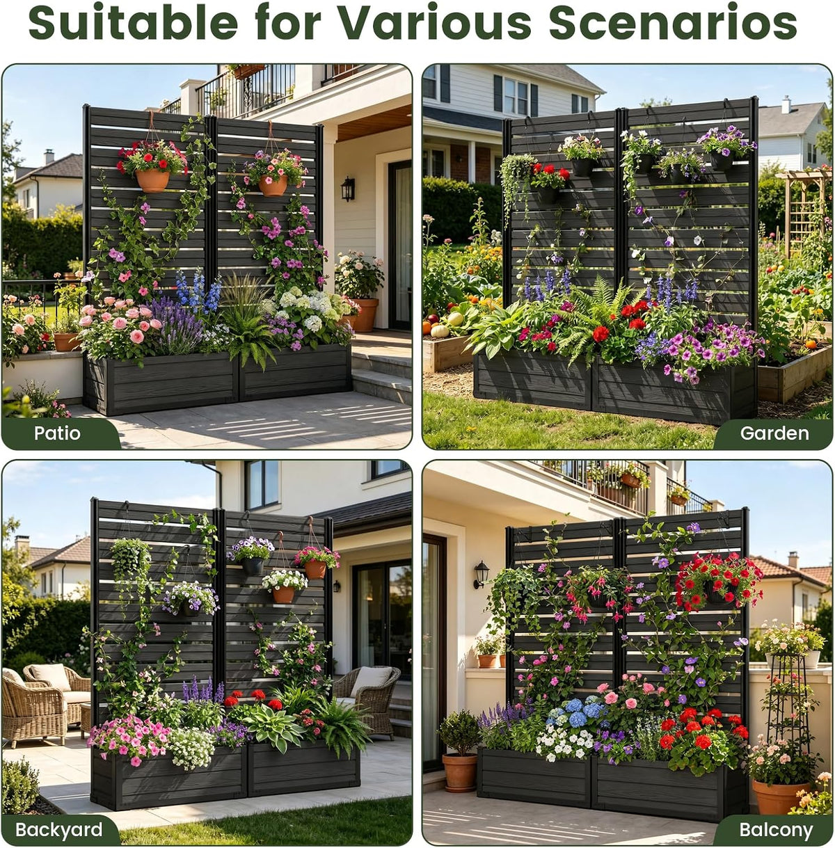 Plastic Raised Garden Bed with Trellis, 73.8"x36"x14" Planter Box for Climbing Plants, Vegetables & Vines,(Black-Louver)