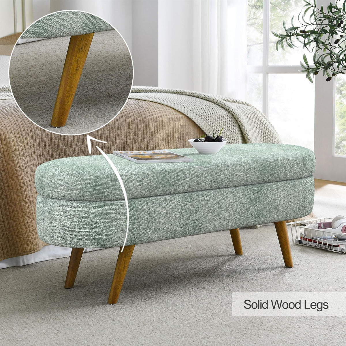 43.5" Fabric Storage Ottoman Bench for Bedroom,Upholstered Boucle Ottoman with Safety Hinge,End of Bed Bench with Rubber Wood Legs for Living Room Entryway,Cyan