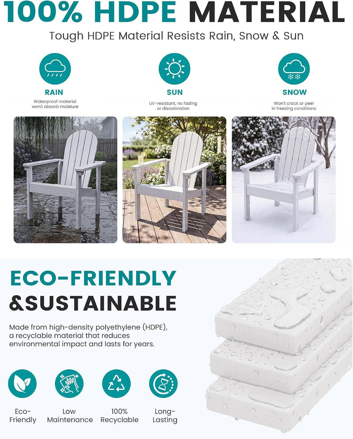 SERWALL HDPE Stackable Adirondack Chairs Set of 4,Space-Saving, White