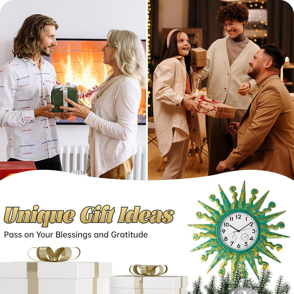 25-Inch Sun-Shaped Outdoor Clock and Thermometer Set Golden
