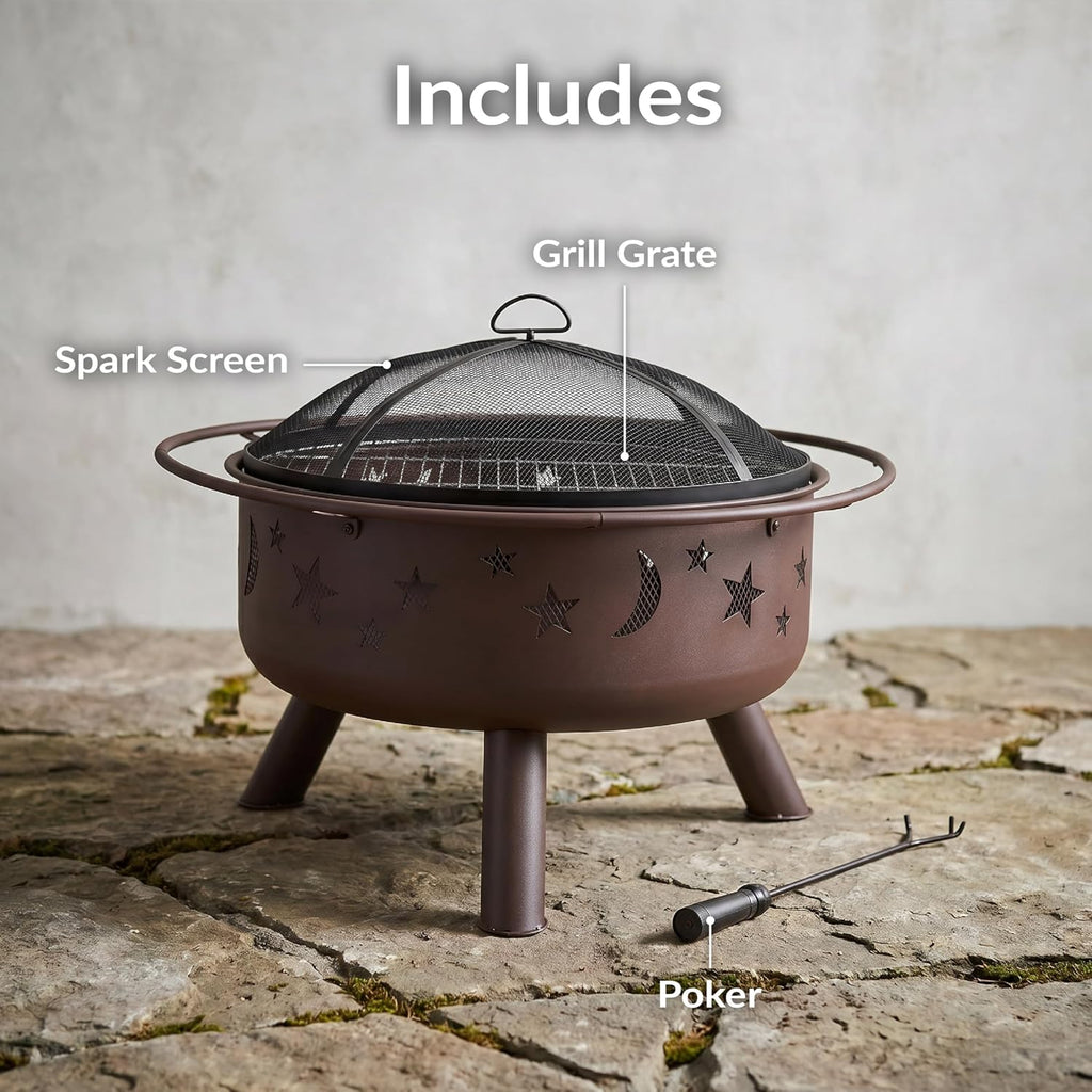 Sunnydaze Cosmic 30" Outdoor Wood Fire Pit with Grill Grate, Steel, Bronze