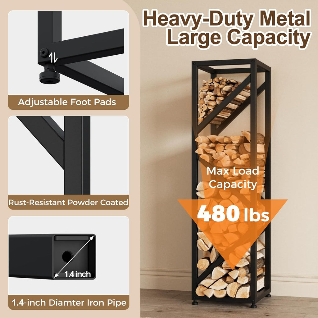 Firewood Rack Indoor 47 Inch Tall, 4-Tier Heavy-Duty Firewood Holder for Fireplace with Minimalist Style, Decorative Log Rack, Flexible Storage, Space-Saving, Easy Assembly, Black