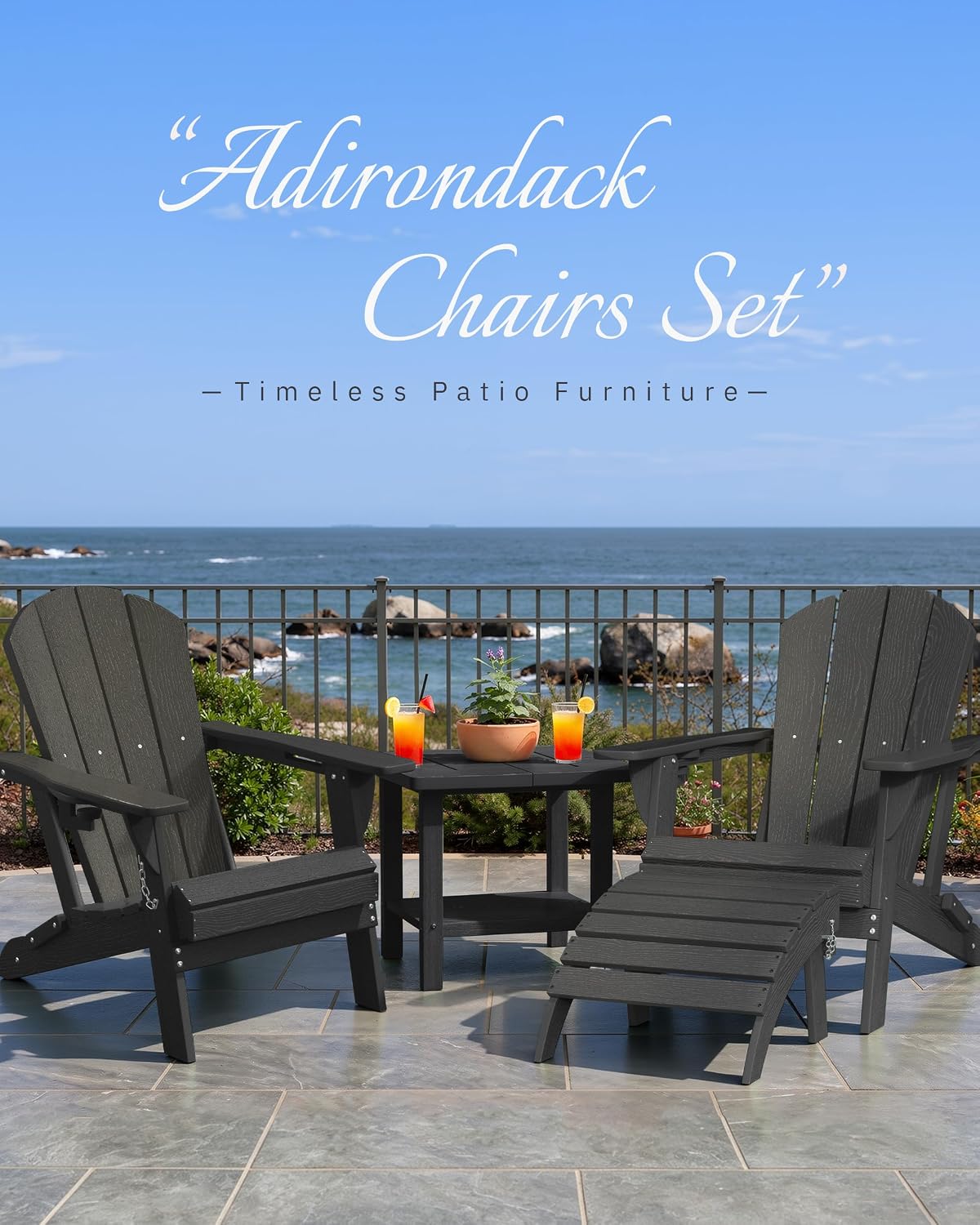 AreShark HDPE Folding Adirondack Chair with Cup Holder, Set of 2, Gray