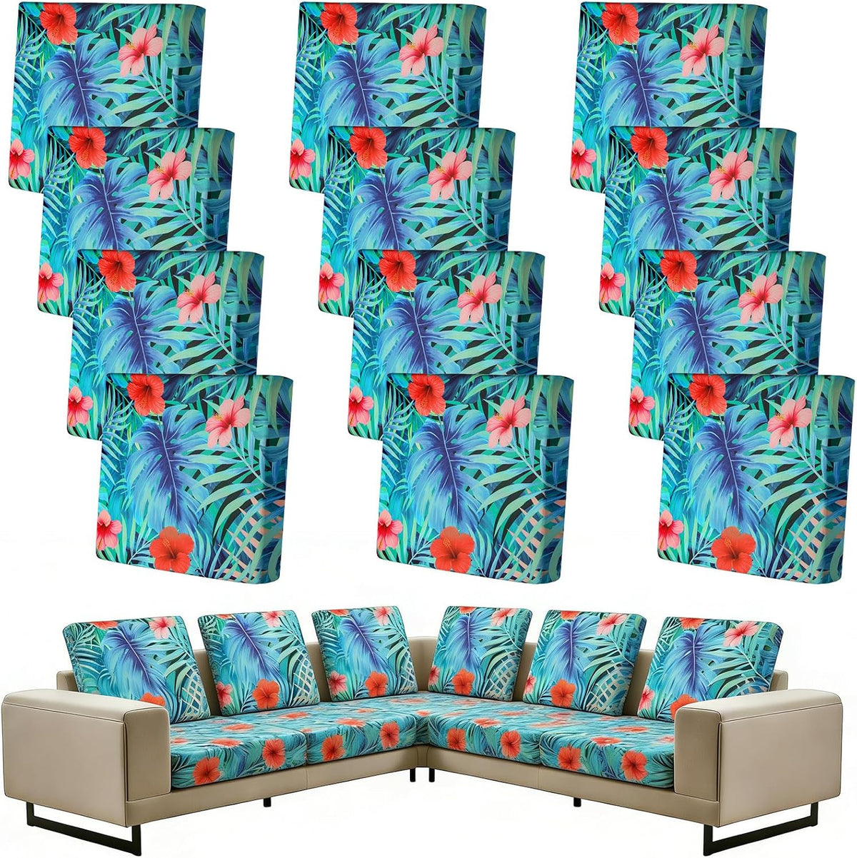 12PCS Summer Tropical Leaves Patio Cushion Covers Palm Leaves Stretch Outdoor Couch Cushion Cover Replacement Outdoor Sofa Slipcovers for Home Patio Furniture Covers Washable Reusable Chairs Protector