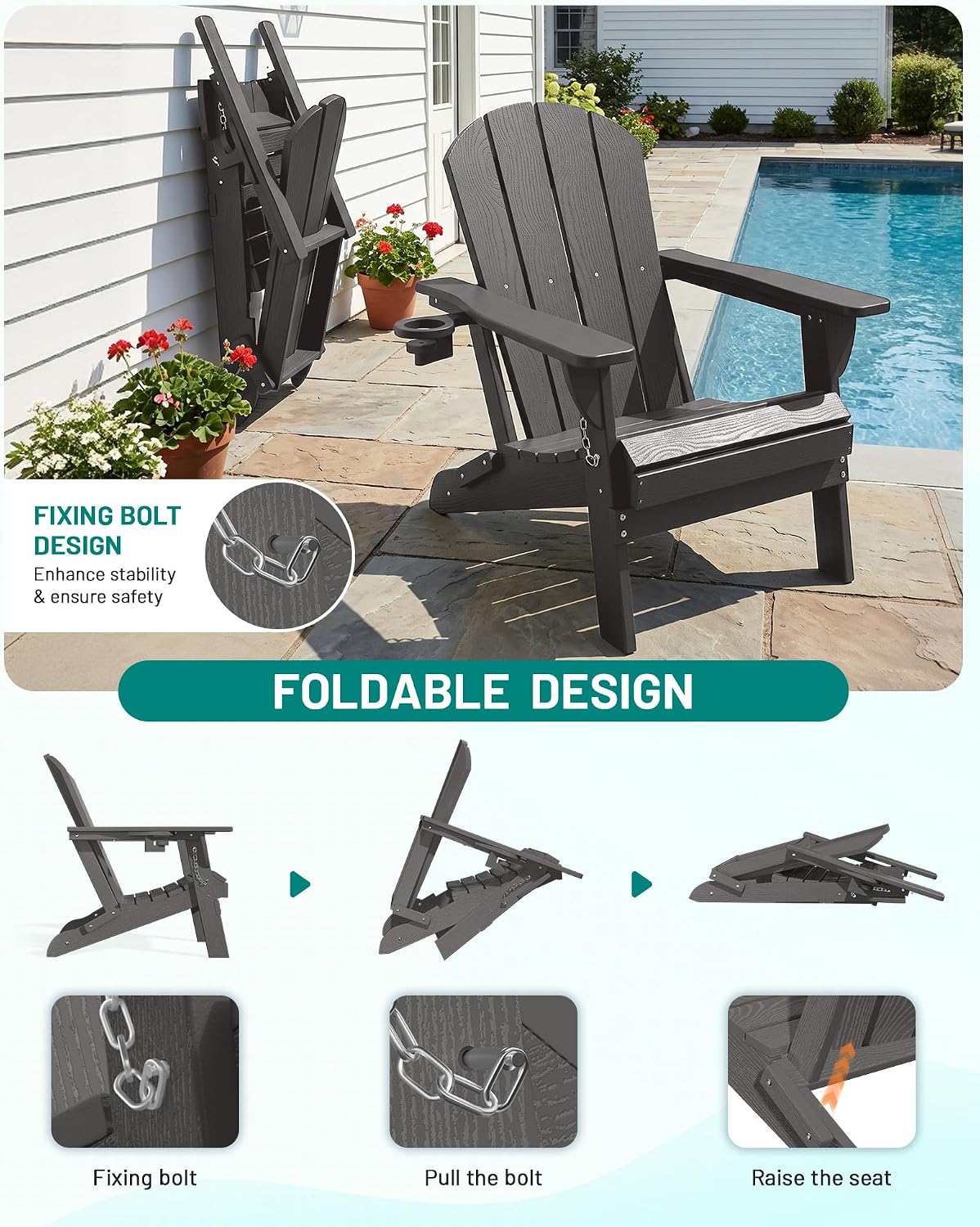 PLUUV Adirondack Chair Set of 4, Fire Pit Chairs with Cup Holder, Grey