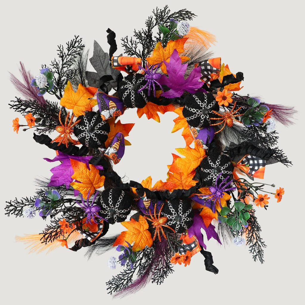 KBREE 22" Halloween Wreath for Front Door, Full Gothic Spooky Autumn Wreath with Black Corduroy Pumpkins, Glitter Orange Purple Spiders & Dark Twigs, Large Halloween Party Decor for Wall Window