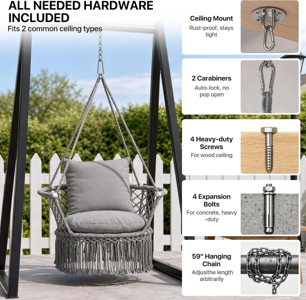 Athena Collection Macrame Hammock Chair with Mounting Hardware Kit, Gray