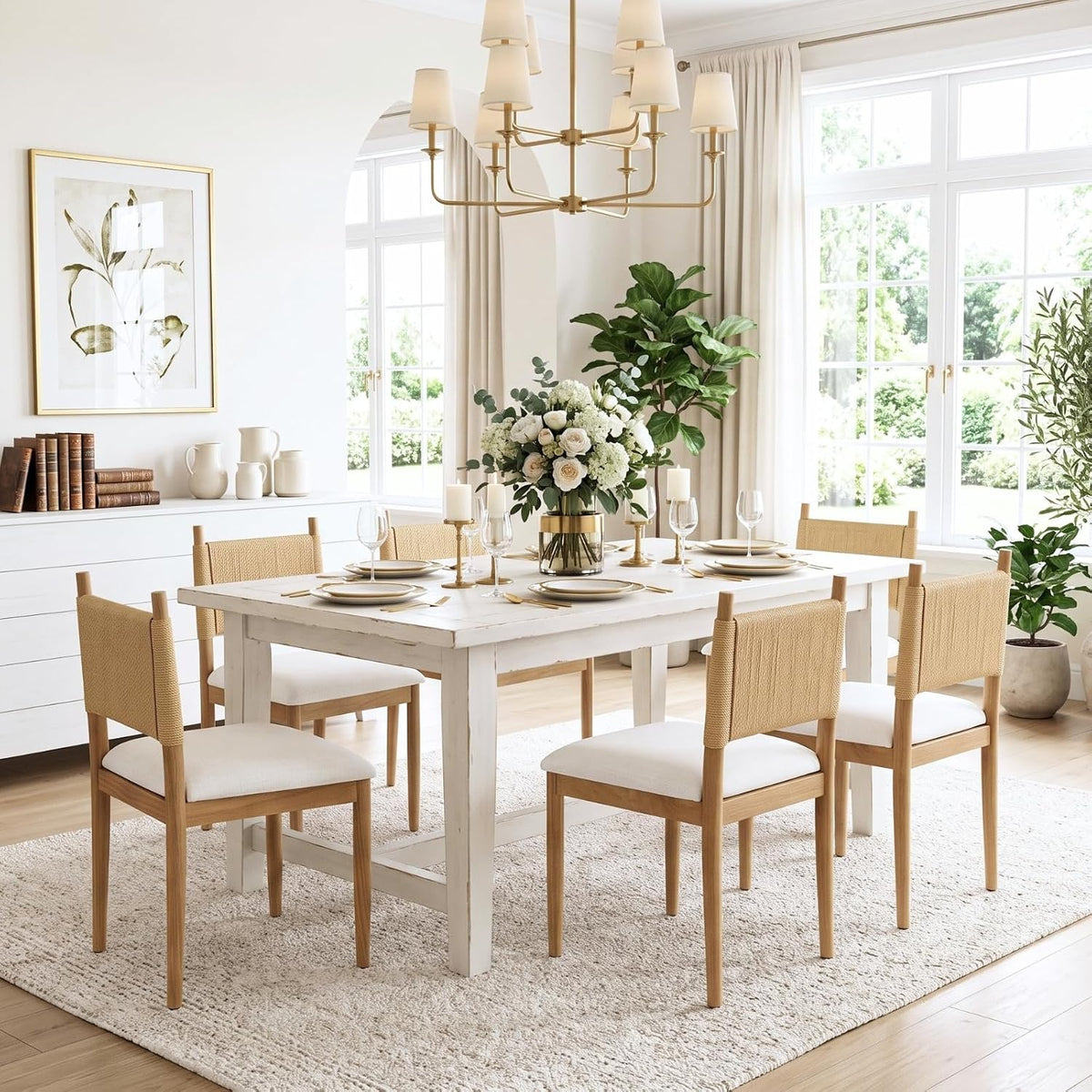 chairus Modern Coastal Woven Dining Chairs Set of 4, Natural Oak Wood