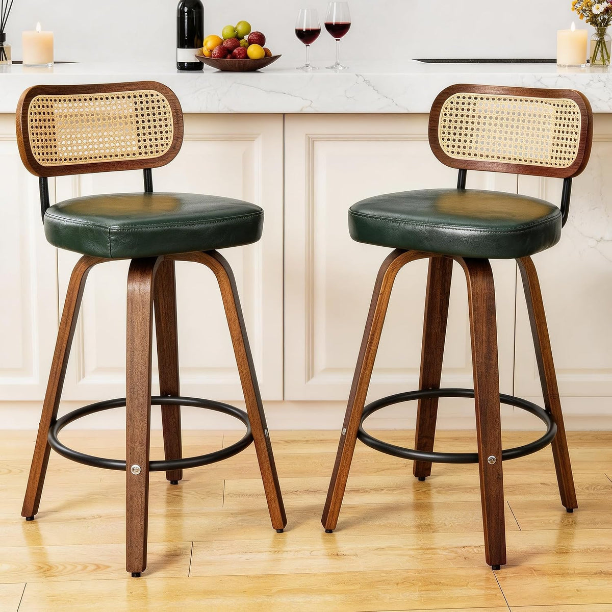 KEEZY Natural Rattan Bar Stools Set of 2, 26 Inch Counter Height Barstools with Backs, PU Leather Seat, 360° Swivel, Wood Legs, Mid-Century Modern Bar Chairs for Kitchen Island, Home Bar(Dark Green)