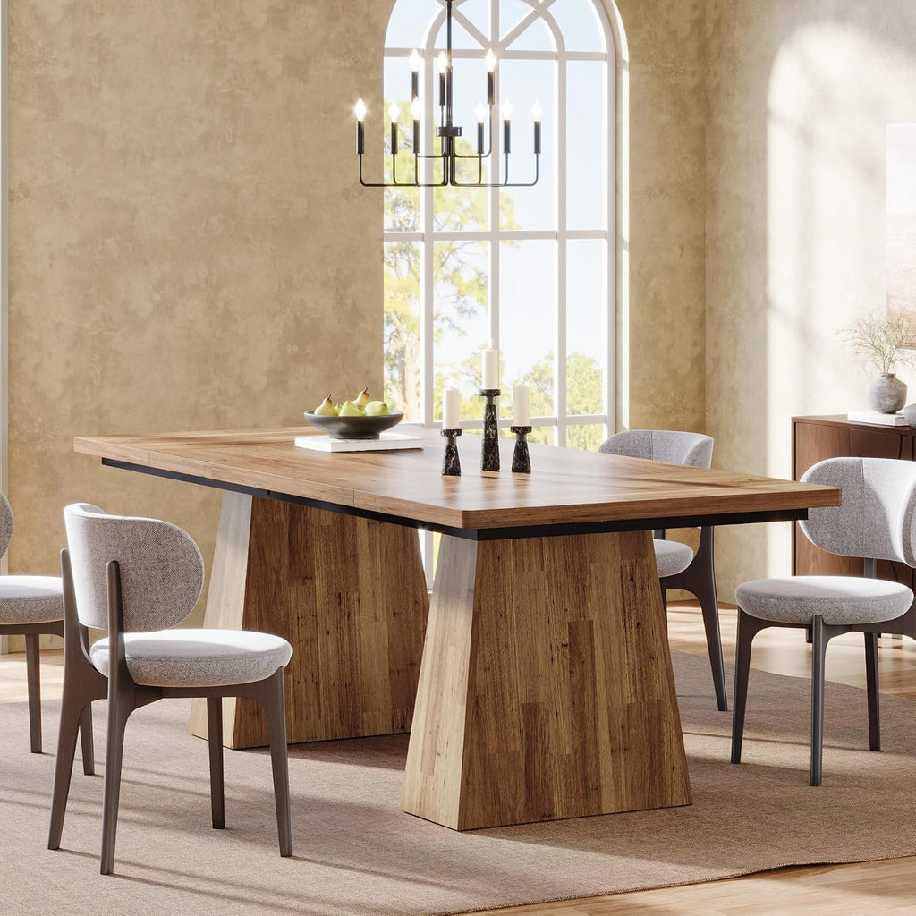 Tribesigns Dining Table for 6, Farmhouse Wood Dinner Rectangular Table Kitchen Table with Double Pedestal, 63" L x 31.5" W x 30" H, Light Brown
