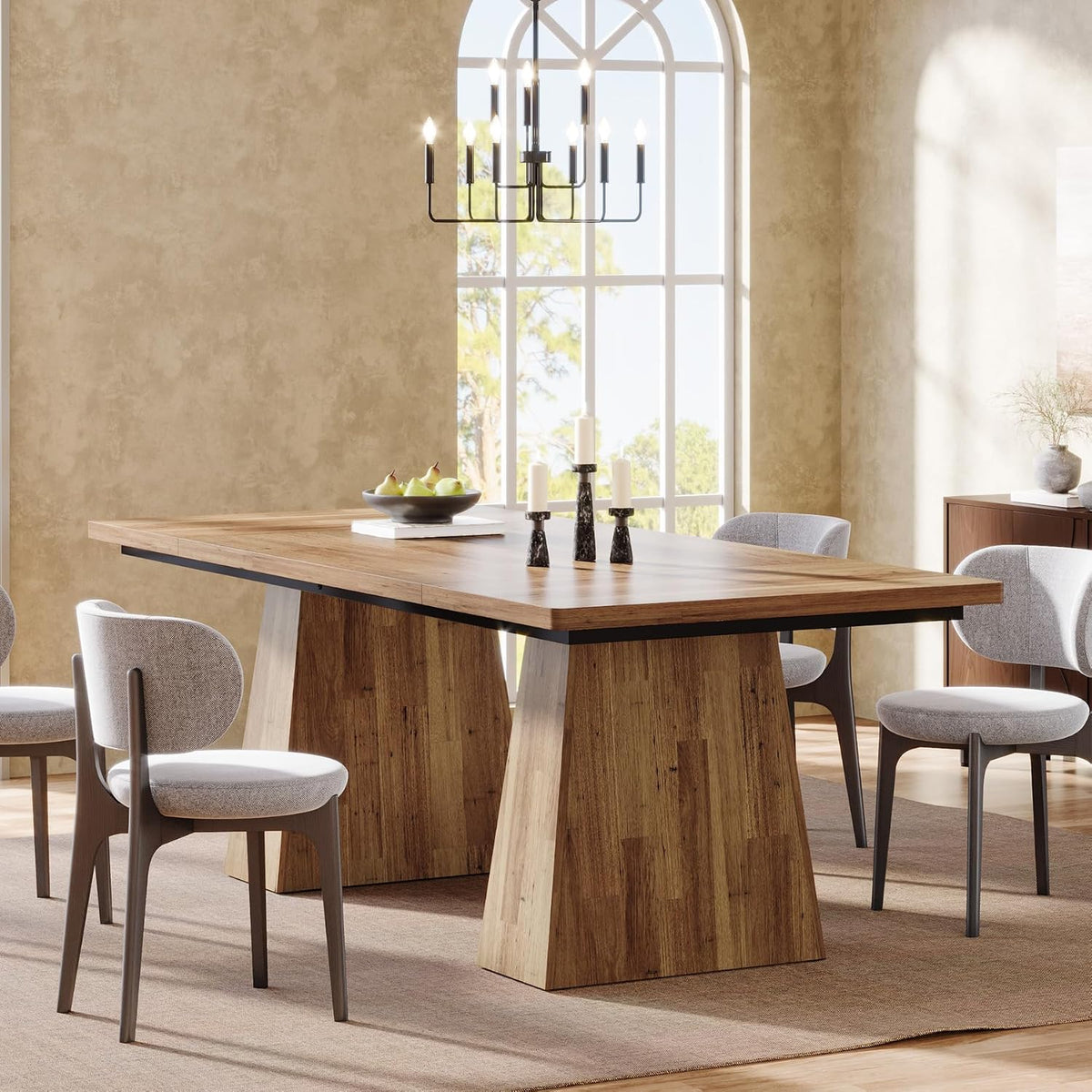 Tribesigns Dining Table for 6, Farmhouse Wood Dinner Rectangular Table Kitchen Table with Double Pedestal, 63" L x 31.5" W x 30" H, Light Brown