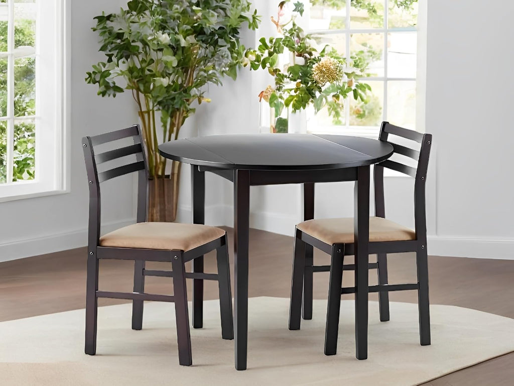 CARTESIAN 3-Piece Round Drop Leaf Dining Set, Cappuccino Table with Ladder Back Chairs, Cream Upholstery