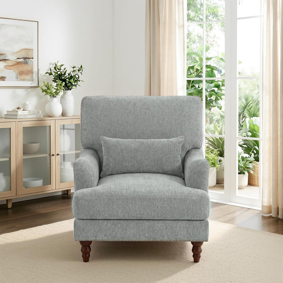Accent Chairs Set of 2, Chenille Armchair with Lumbar Pillow, Light Gray